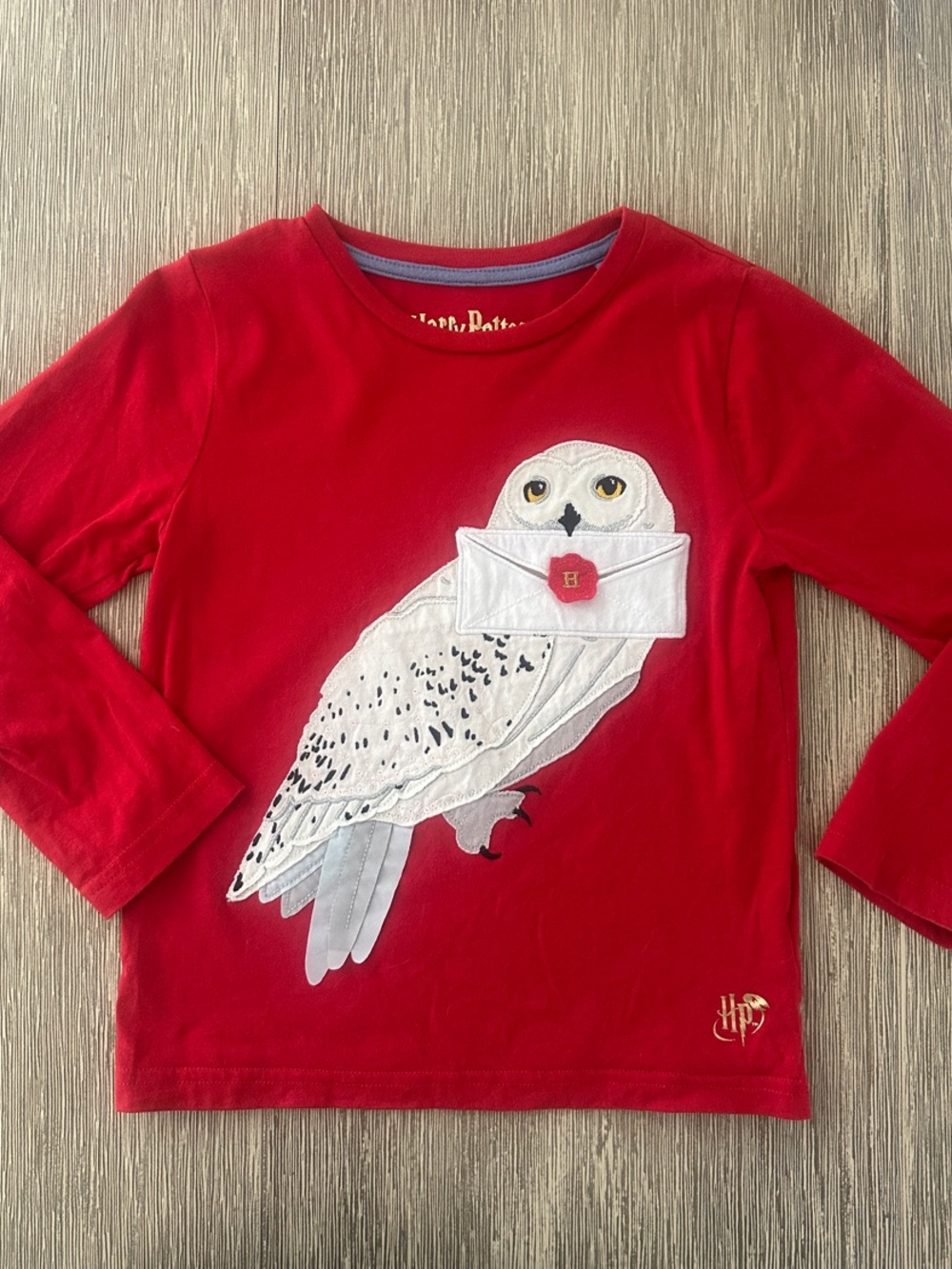 Mini Boden Harry Potter Red Long-Sleeve Kids Top with White Owl Applique
